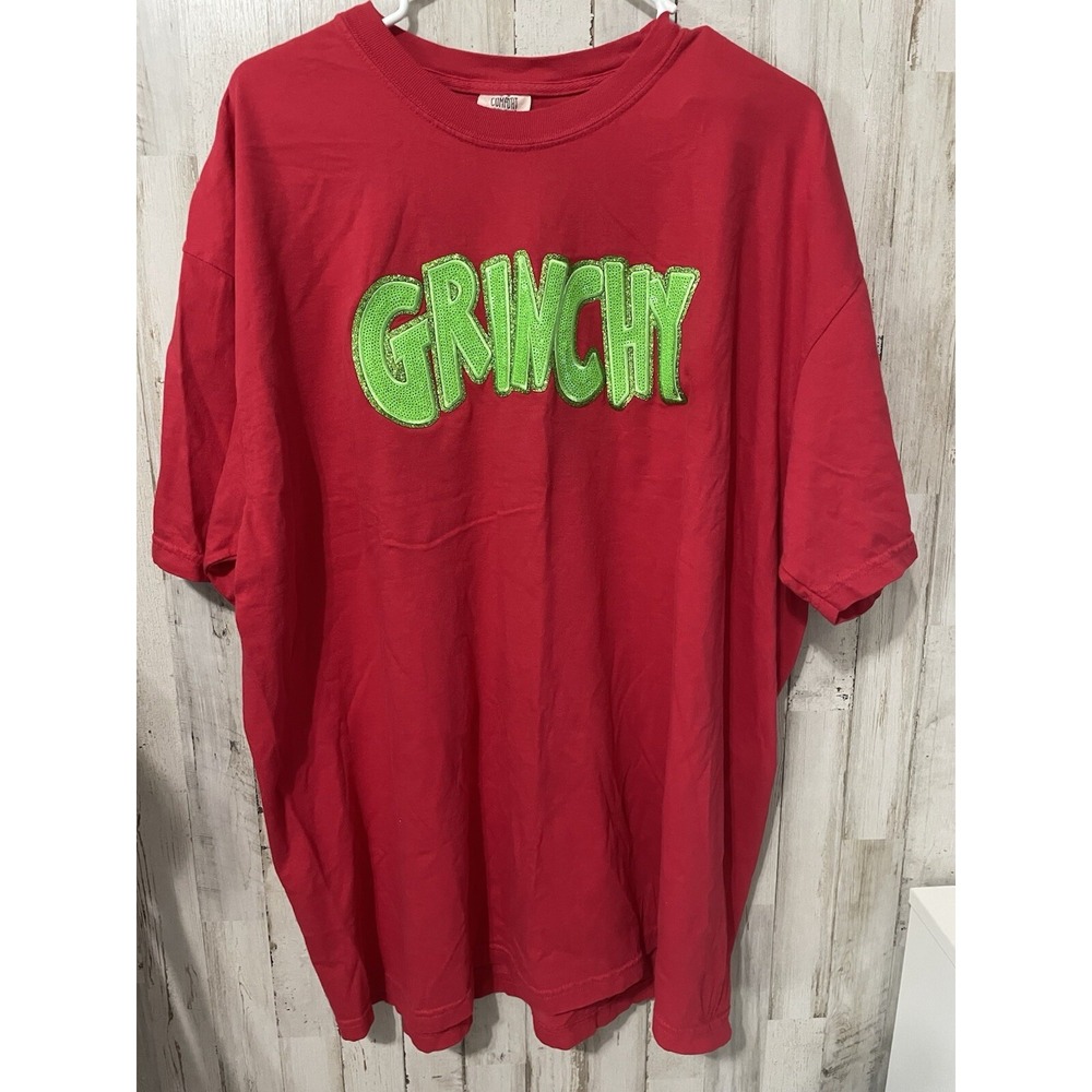 Comfort Colors Grinchy Graphic T Shirt Red‎ Green Sequin Holiday Christmas XXL